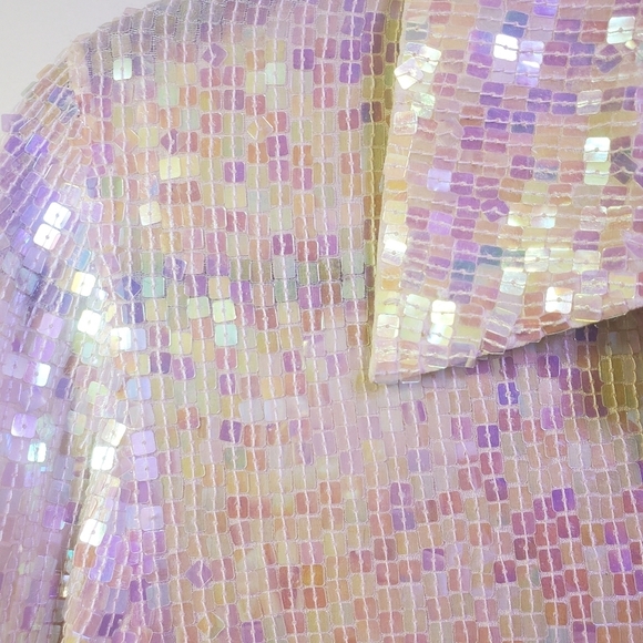 100% SILK SQUARE SEQUIN IRIDESCENT BLOUSE Button Down with Shirt Collar Medium - Picture 3 of 13